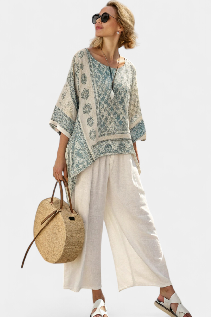 Quinley | Comfortable Printed Blouse & Wide-Leg White Pants